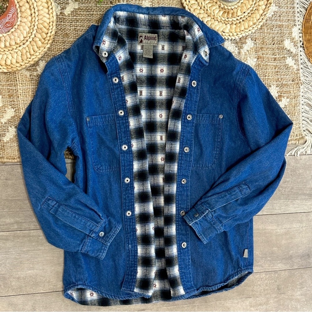 Vintage 90s Alpine Aztec Tribal Plaid Blanket Lined Denim Jacket Coat